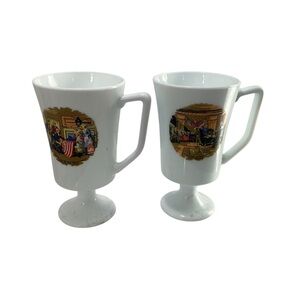 Vintage Americana Flag Bicentennial Milk Glass Pedestal Footed Historical Mugs 2